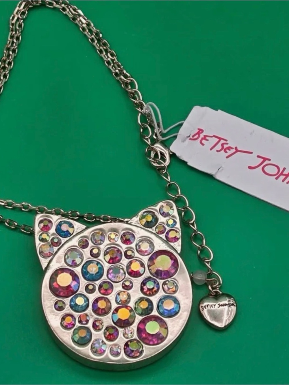 Betsey Johnson Silver Multicolor Crystal Cat Pendant Necklace